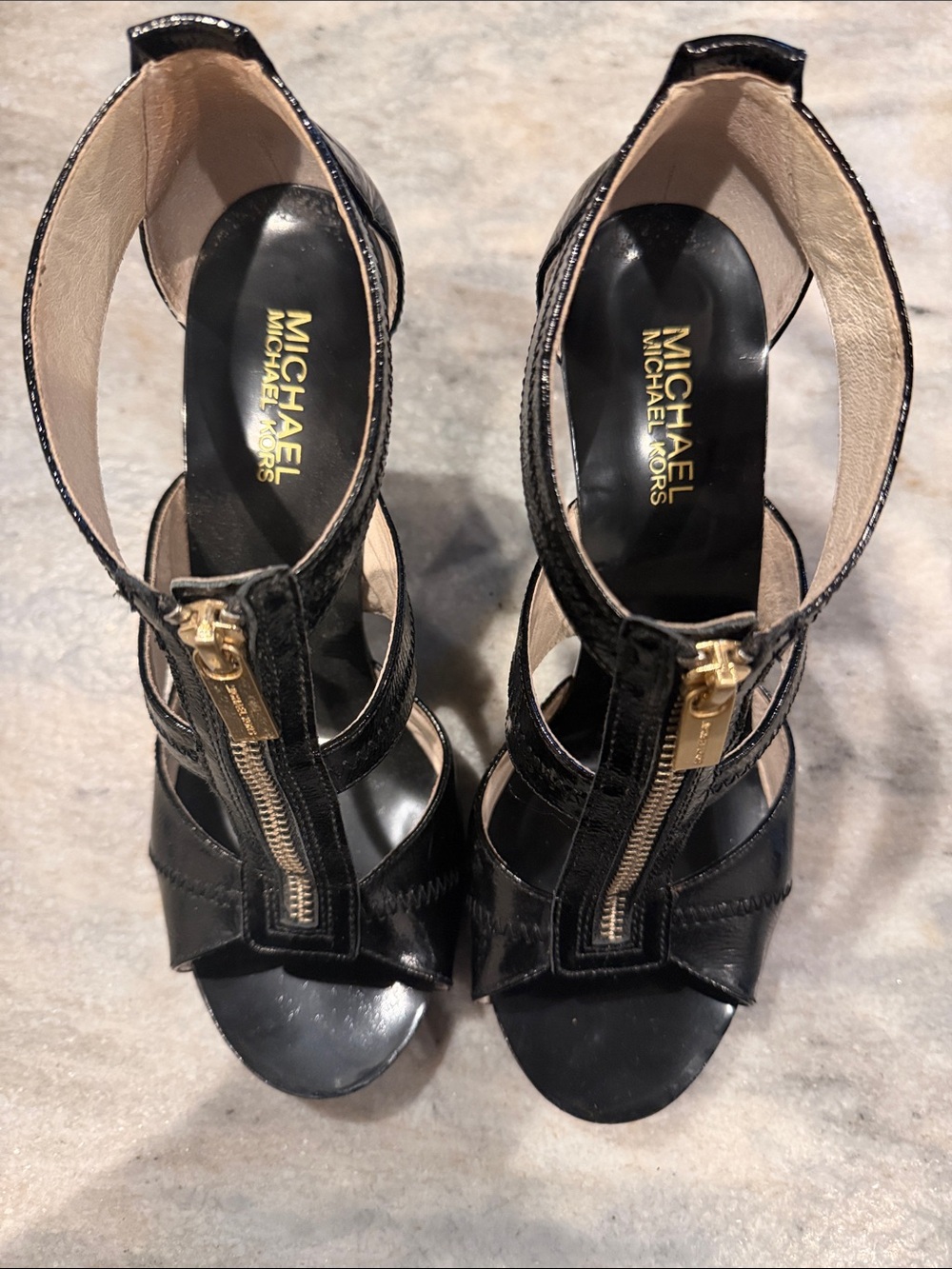 MICHAEL Michael Kors Black Leather Zip-Front Heeled Sandals